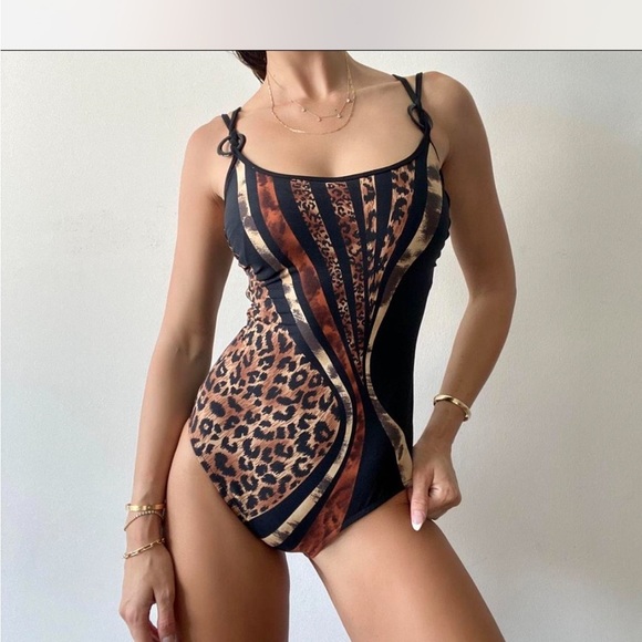 Vintage Leopard Print One Piece Swimsuit Black and Brown - Picture 1 of 4
